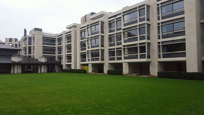 Cleaned bronze facade of Cripps Building at St Johns College Cambridge
